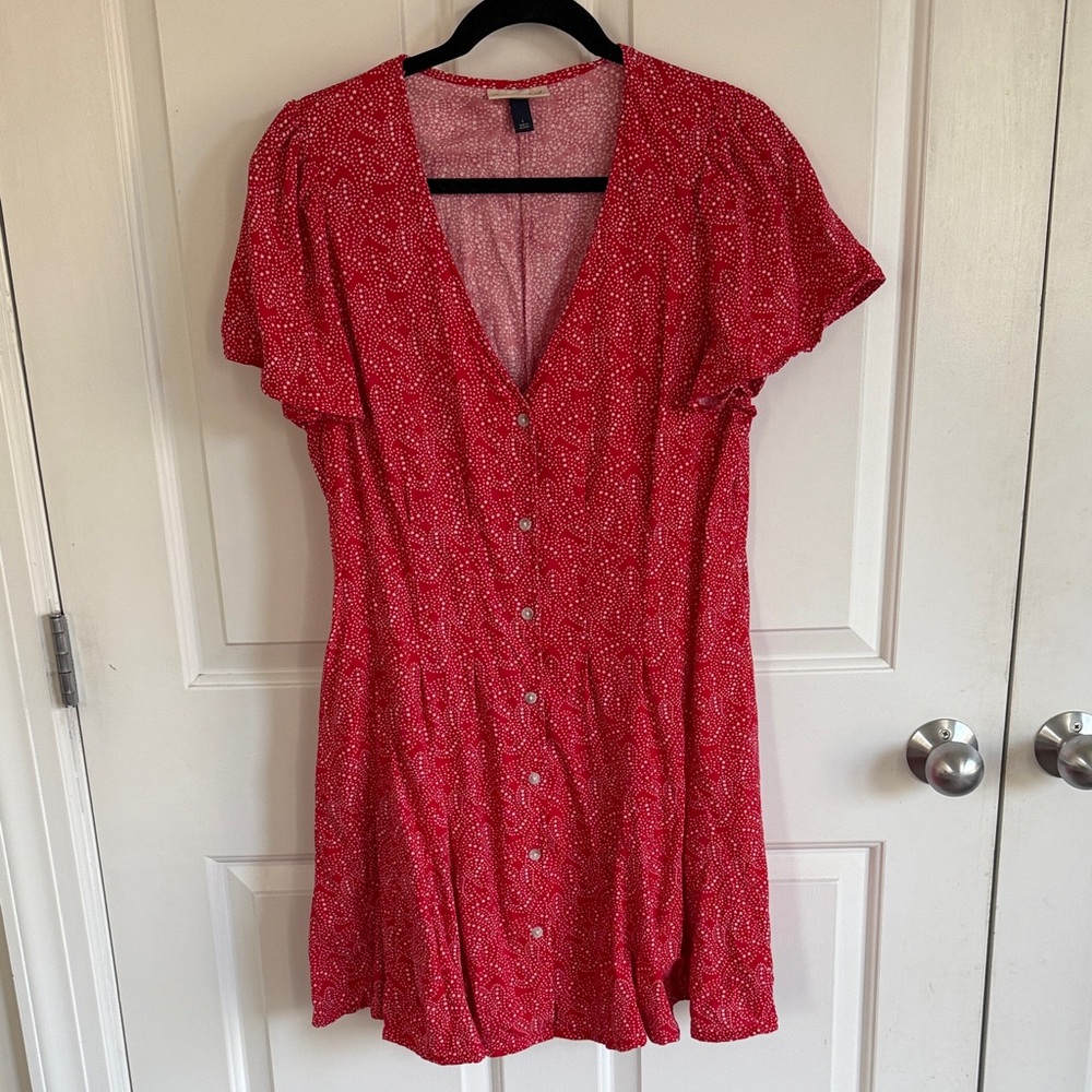Red Button-Front Short Sleeve Dress